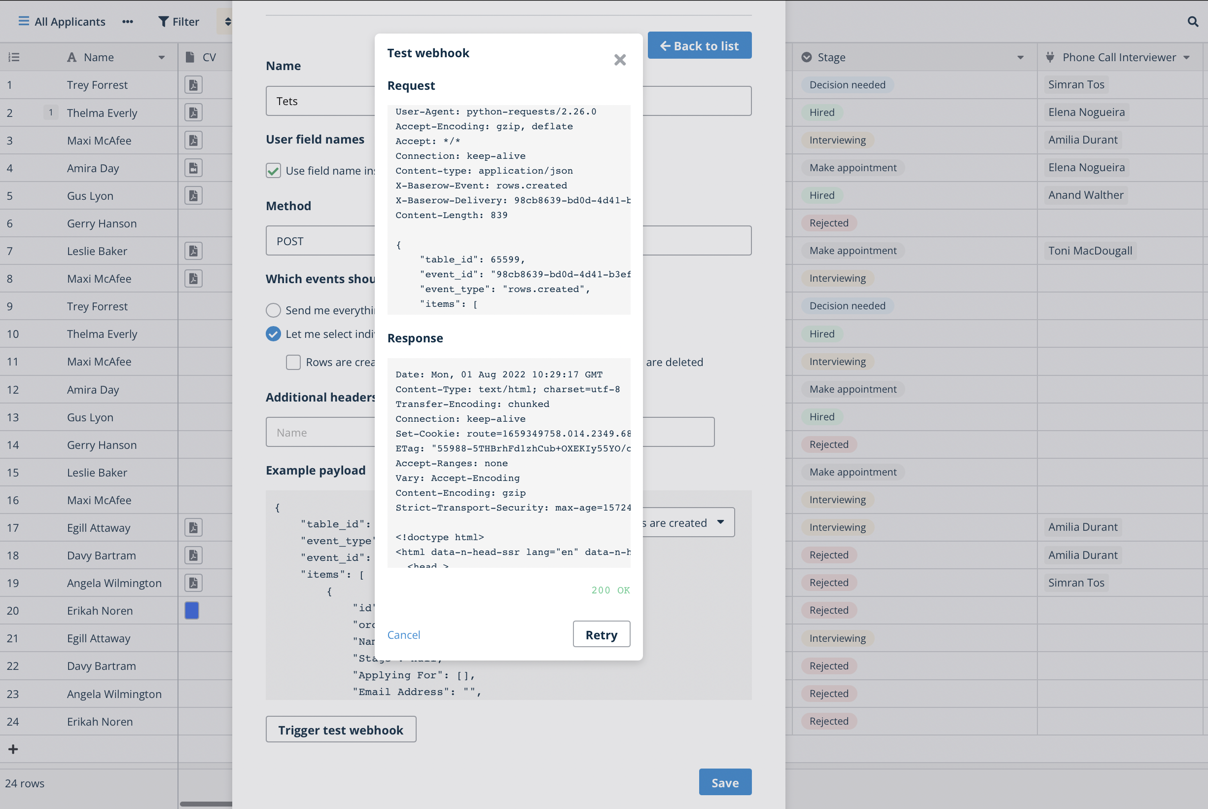 Create a webhook in Baserow